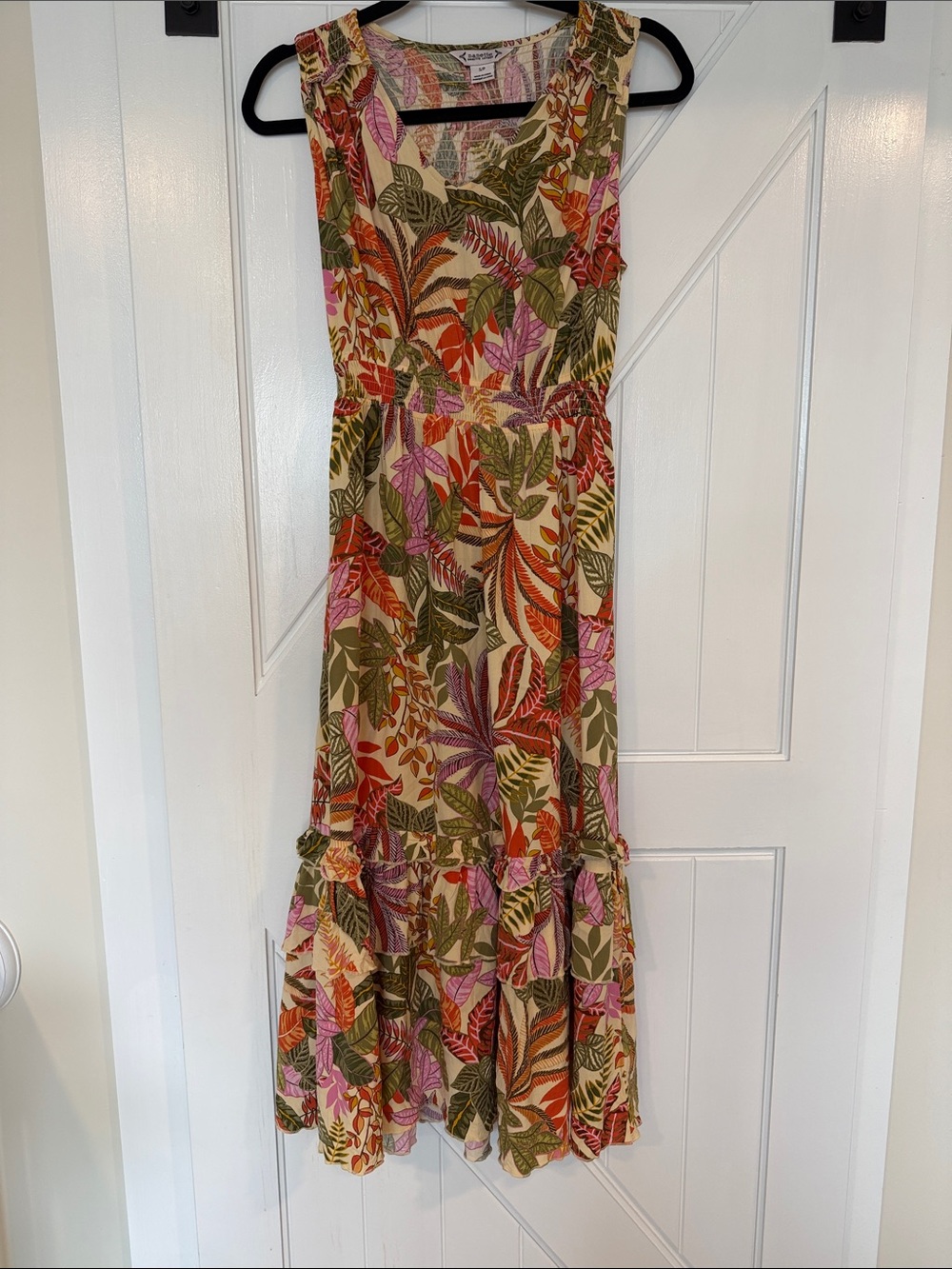 Nanette Lepore Olive, Pink & Orange Tropical Leaf Maxi Dress